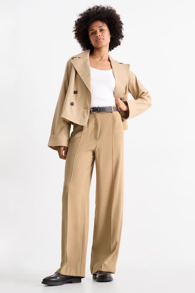 Dámské - Plátěné kalhoty - high waist - wide leg - béžová