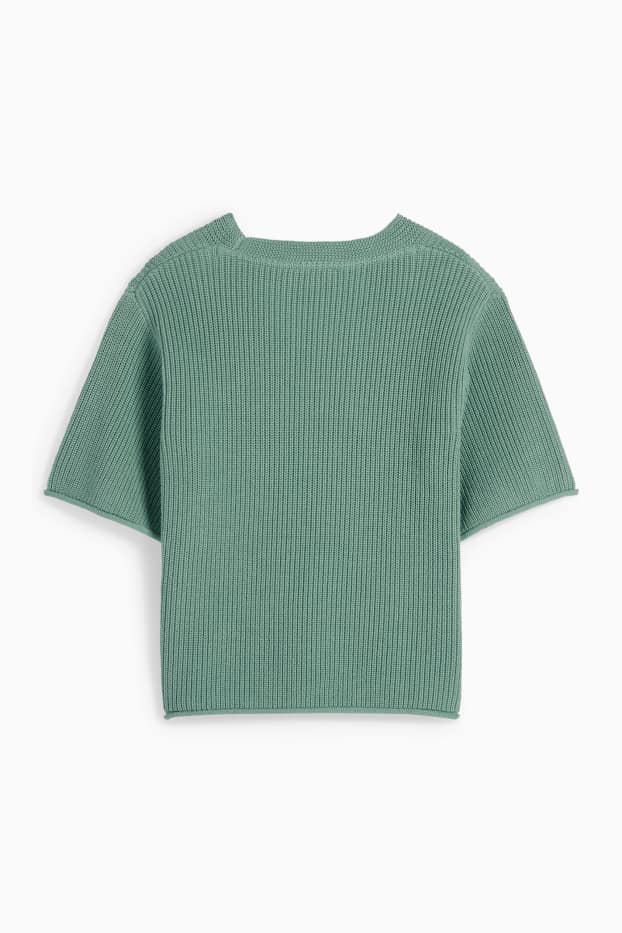 Damen - Pullover mit V-Ausschnitt - kurzarm - gerippt - grün