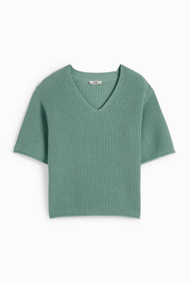 Damen - Pullover mit V-Ausschnitt - kurzarm - gerippt - grün
