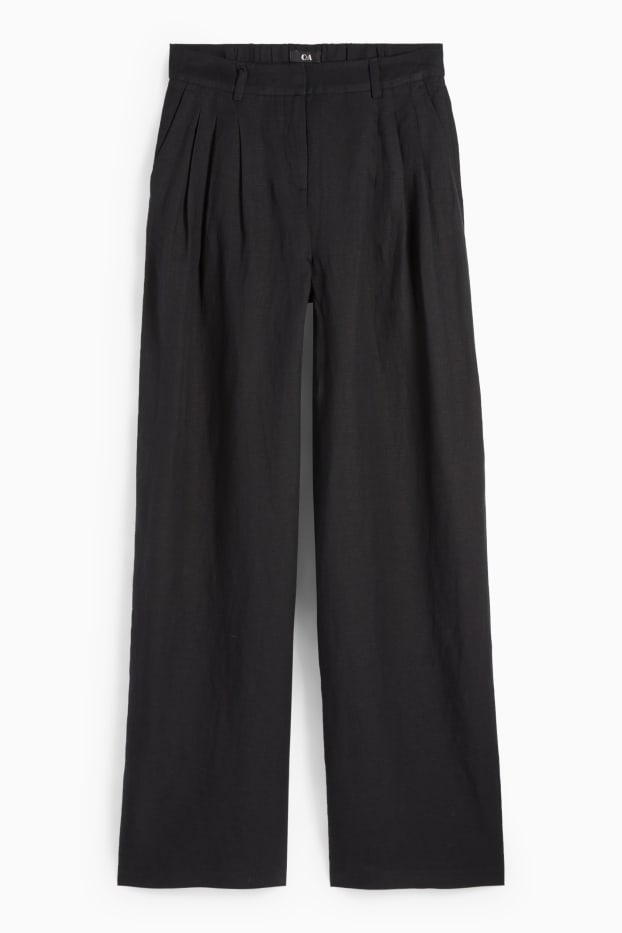 Donna - Pantaloni di stoffa - vita alta - gamba ampia - misto lino - nero