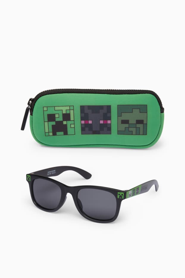 Enfants garçons - Minecraft - ensemble - lunettes de soleil et étui - 2 pièces - vert foncé / noir