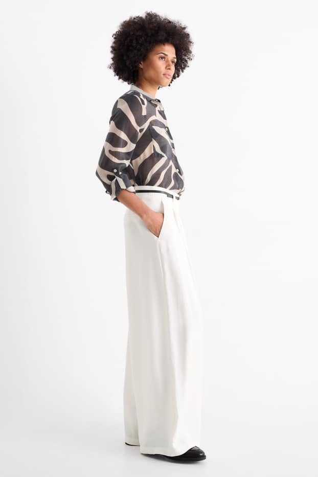 Damen - Stoffhose mit Gürtel - High Waist - Wide Leg - cremeweiß