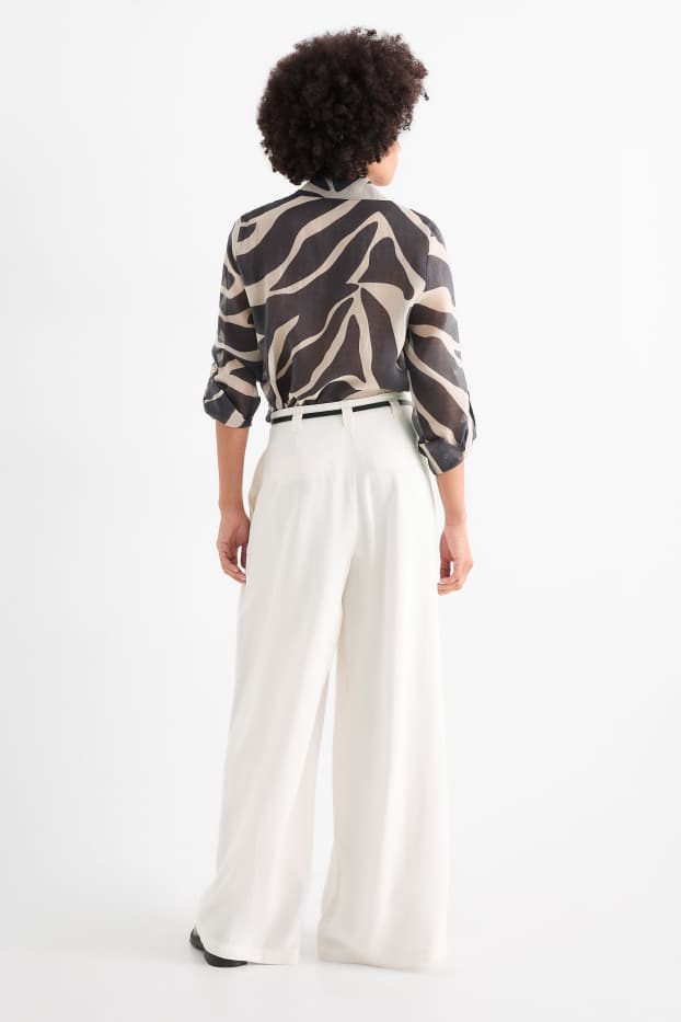 Damen - Stoffhose mit Gürtel - High Waist - Wide Leg - cremeweiß