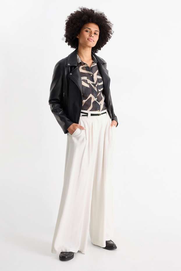 Damen - Stoffhose mit Gürtel - High Waist - Wide Leg - cremeweiß