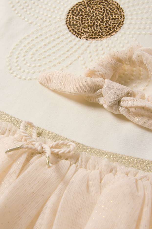 Děti - dívky - Motiv květiny - souprava - tričko s krátkým rukávem, sukně a scrunchie gumička do vlasů - 3dílná - zlatá