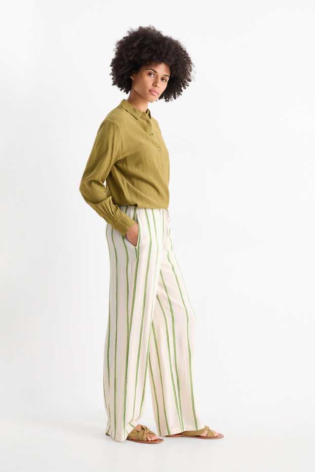 Damen - Stoffhose - High Waist - Wide Leg - gestreift - strukturiert - hellbeige