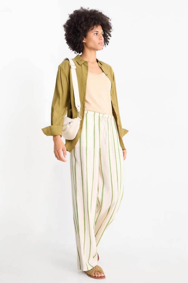 Damen - Stoffhose - High Waist - Wide Leg - gestreift - strukturiert - hellbeige