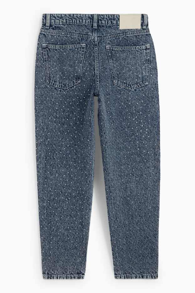Dámské - Mom jeans se štrasovými kamínky - high waist - džíny - modré