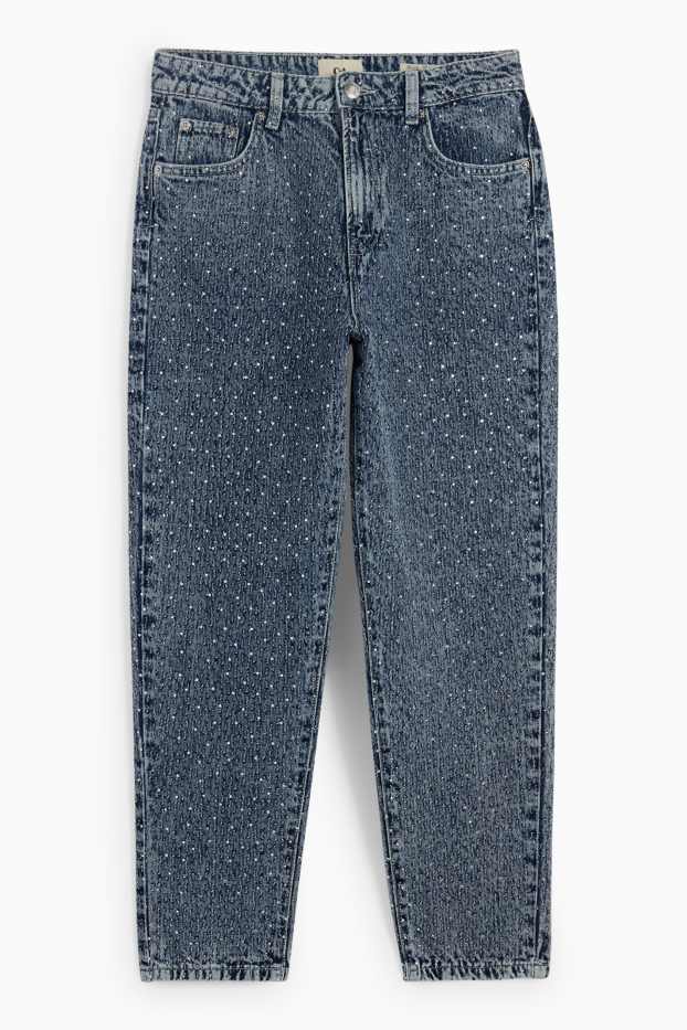 Dámské - Mom jeans se štrasovými kamínky - high waist - džíny - modré