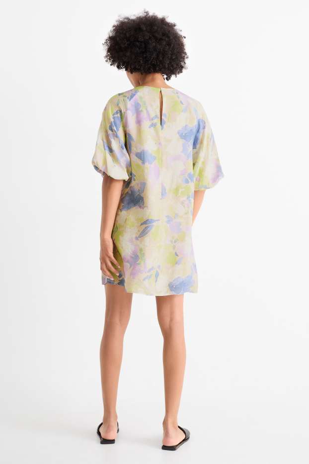 Damen - Kleid mit Puffärmeln - geblümt - hellbeige