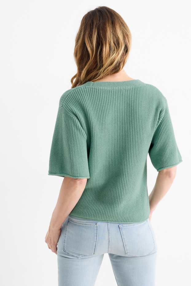 Damen - Pullover mit V-Ausschnitt - kurzarm - gerippt - grün