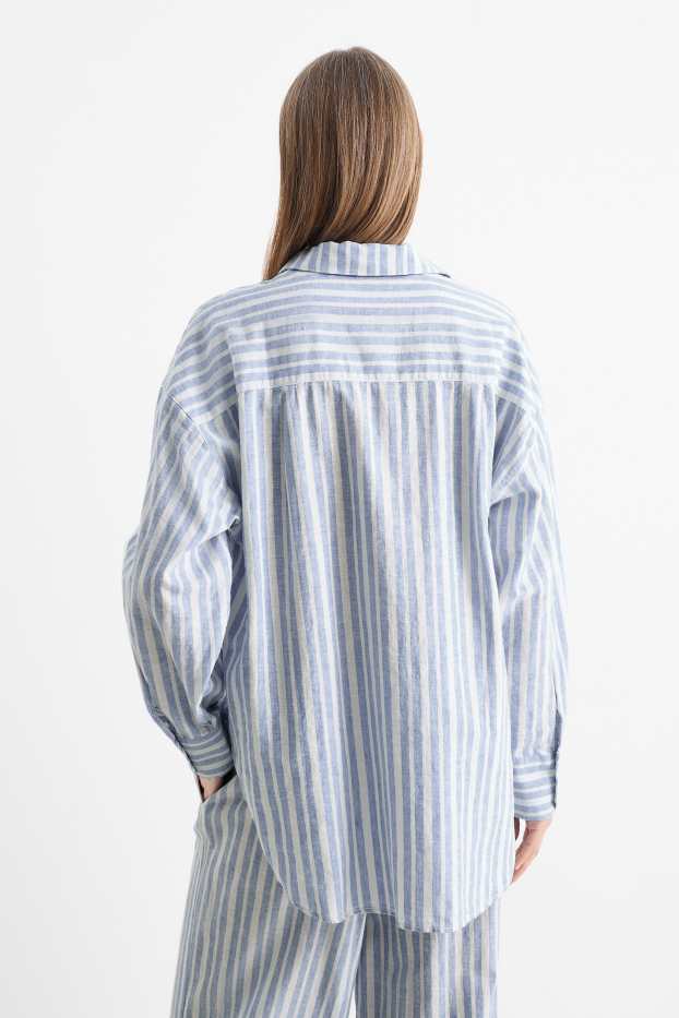 Donna - Blusa - misto lino - a righe - bianco / azzurro