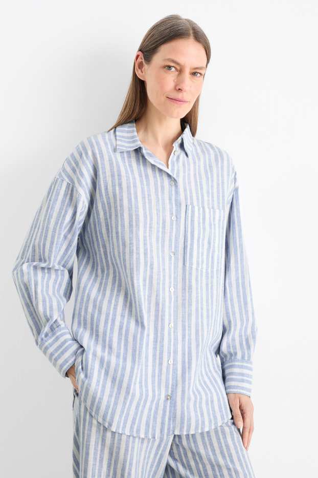 Donna - Blusa - misto lino - a righe - bianco / azzurro