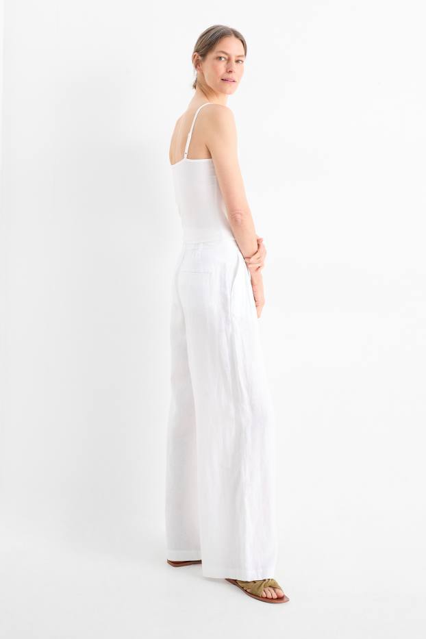 Femmes - Pantalon en lin - high waist - wide leg - blanc