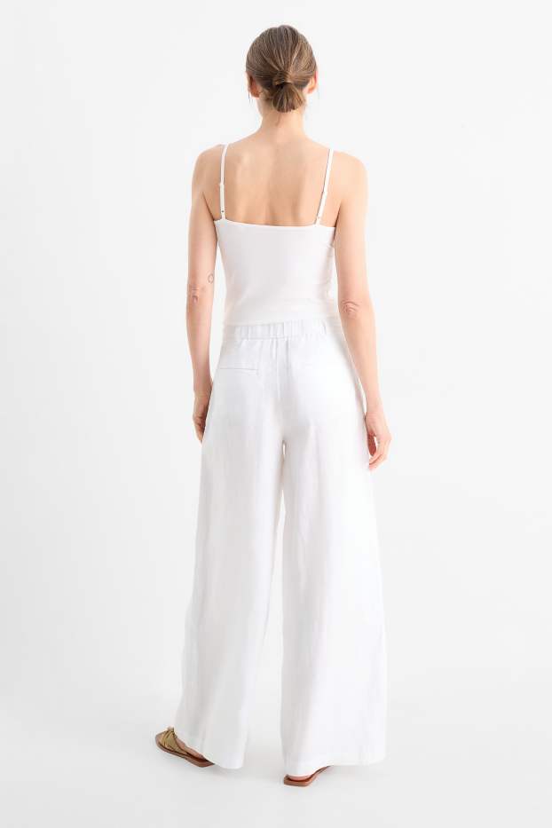 Femmes - Pantalon en lin - high waist - wide leg - blanc