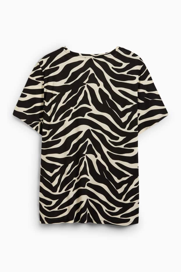 Dames - T-shirt met V-hals - met patroon - zwart / beige