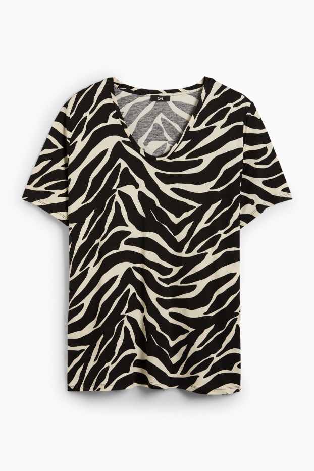 Dames - T-shirt met V-hals - met patroon - zwart / beige