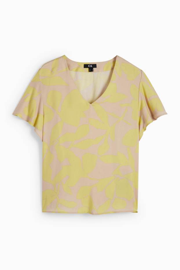 Femmes - Chemisier à col V - à fleurs - beige