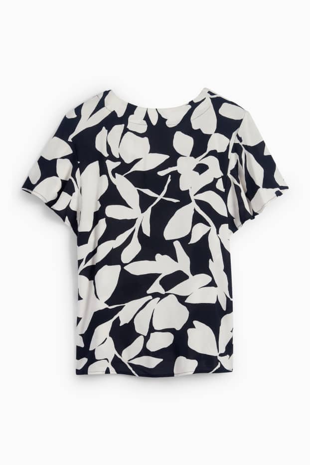 Femmes - Chemisier à col V - à fleurs - bleu foncé / blanc crème