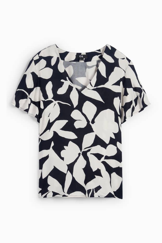 Femmes - Chemisier à col V - à fleurs - bleu foncé / blanc crème