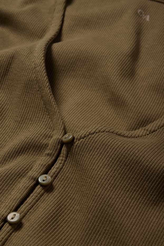Femmes - T-shirt basique à encolure en V - finition côtelée - vert foncé