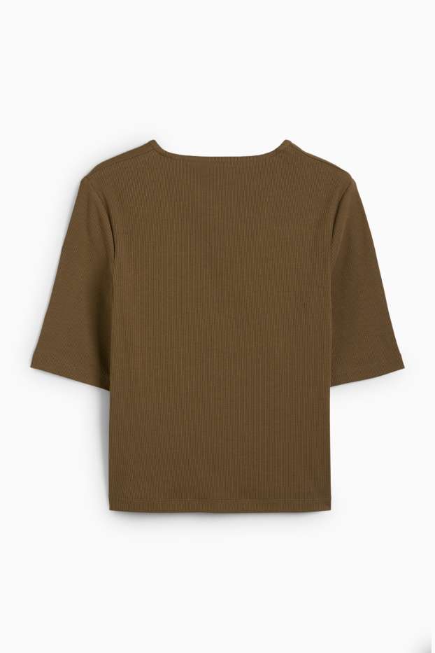 Femmes - T-shirt basique à encolure en V - finition côtelée - vert foncé