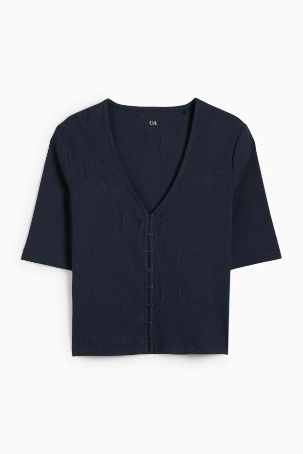 Damen - Basic-T-Shirt mit V-Ausschnitt - gerippt - dunkelblau