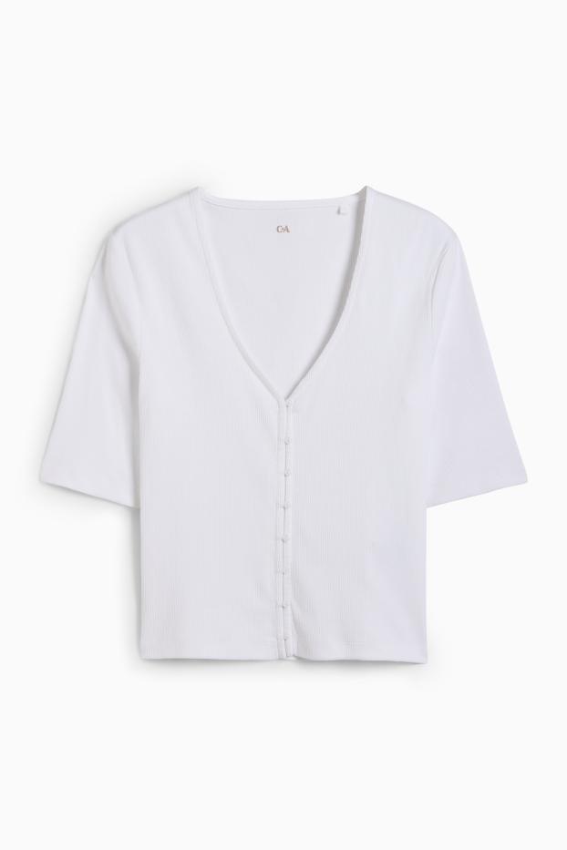 Femmes - T-shirt basique à encolure en V - finition côtelée - blanc