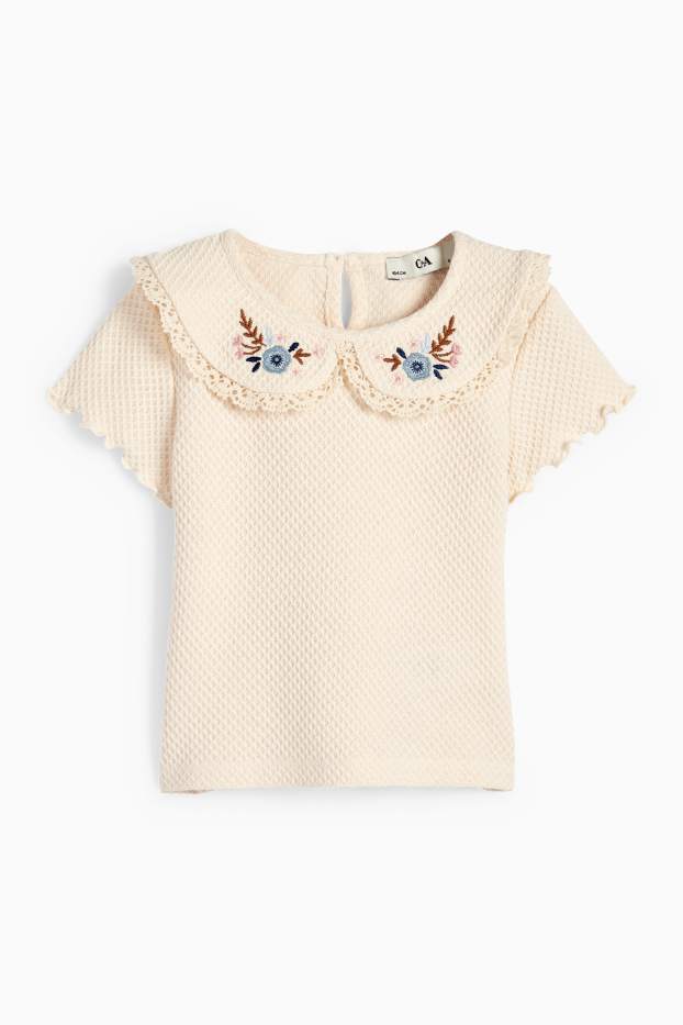 Kinder Mädchen - Blume - Kurzarmshirt - strukturiert - cremeweiß