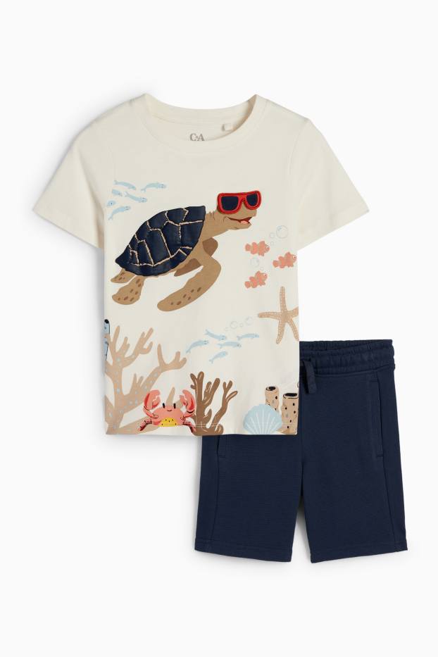 Bambini - Set - t-shirt e shorts in felpa - 2 pezzi - tartaruga - crema