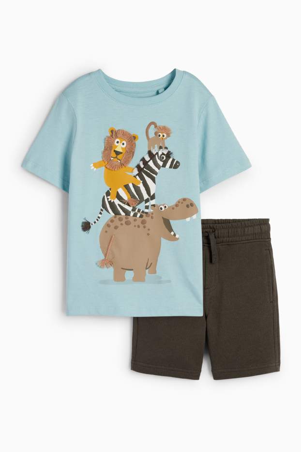 Kinder Jungen - Wildtiere - Set - Kurzarmshirt und Sweatshorts - 2 teilig - türkis