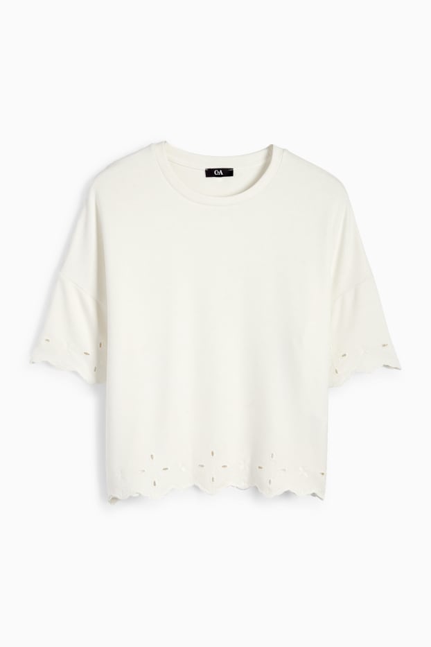 Women - T-shirt - broderie anglaise - white