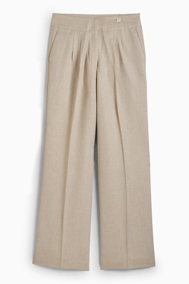 Women - Business trousers with linen content - high waist - wide leg - light beige