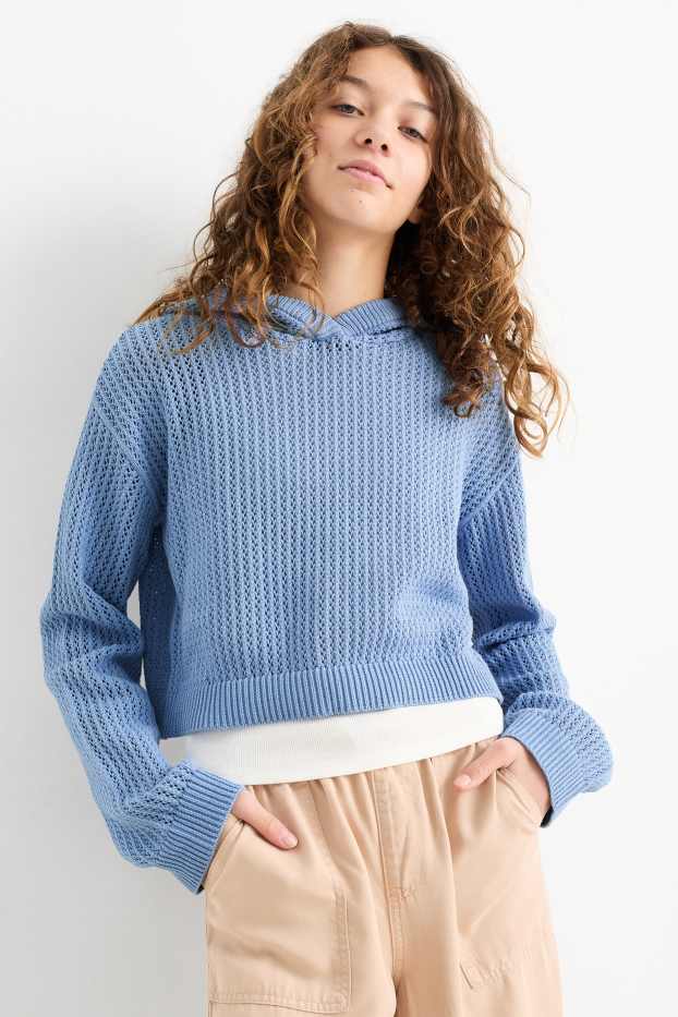 Enfants filles - Ensemble - pull à capuche et top - 2 pièces - bleu