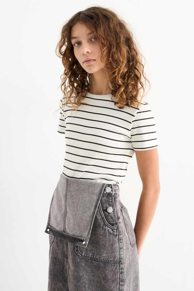 Copii - Fete - Set - tricou cu mânecă scurtă și rochie-salopetă din denim - 2 piese - denim-gri închis