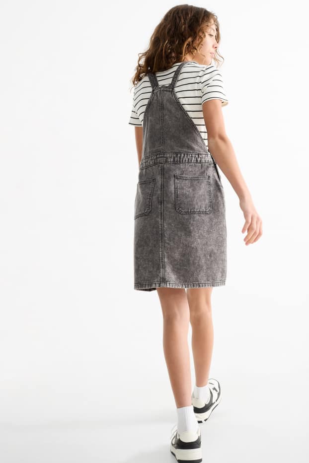 Copii - Fete - Set - tricou cu mânecă scurtă și rochie-salopetă din denim - 2 piese - denim-gri închis