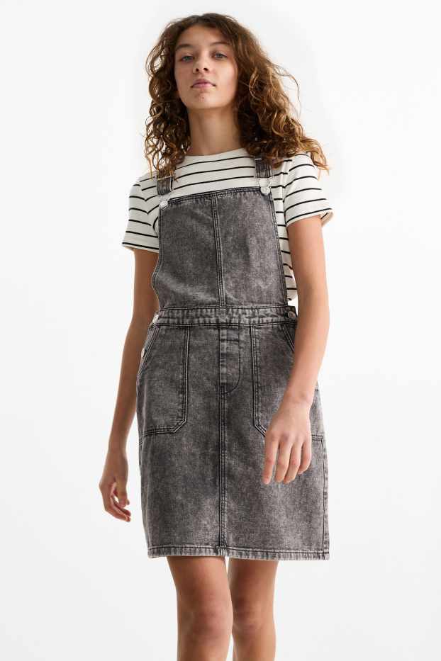 Copii - Fete - Set - tricou cu mânecă scurtă și rochie-salopetă din denim - 2 piese - denim-gri închis