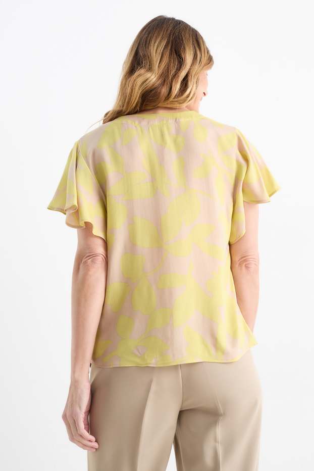 Femmes - Chemisier à col V - à fleurs - beige
