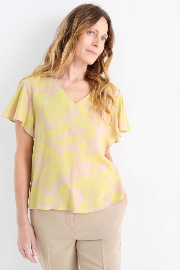 Femmes - Chemisier à col V - à fleurs - beige