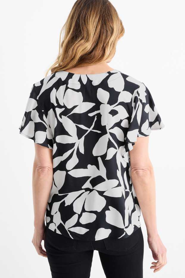 Femmes - Chemisier à col V - à fleurs - bleu foncé / blanc crème