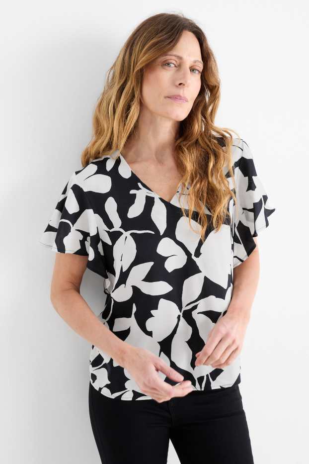 Femmes - Chemisier à col V - à fleurs - bleu foncé / blanc crème