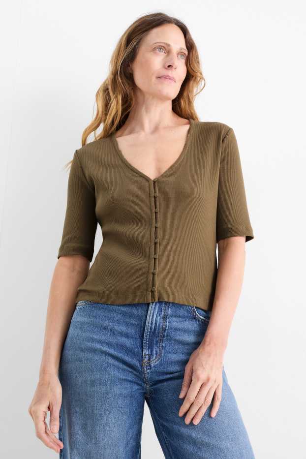 Femmes - T-shirt basique à encolure en V - finition côtelée - vert foncé