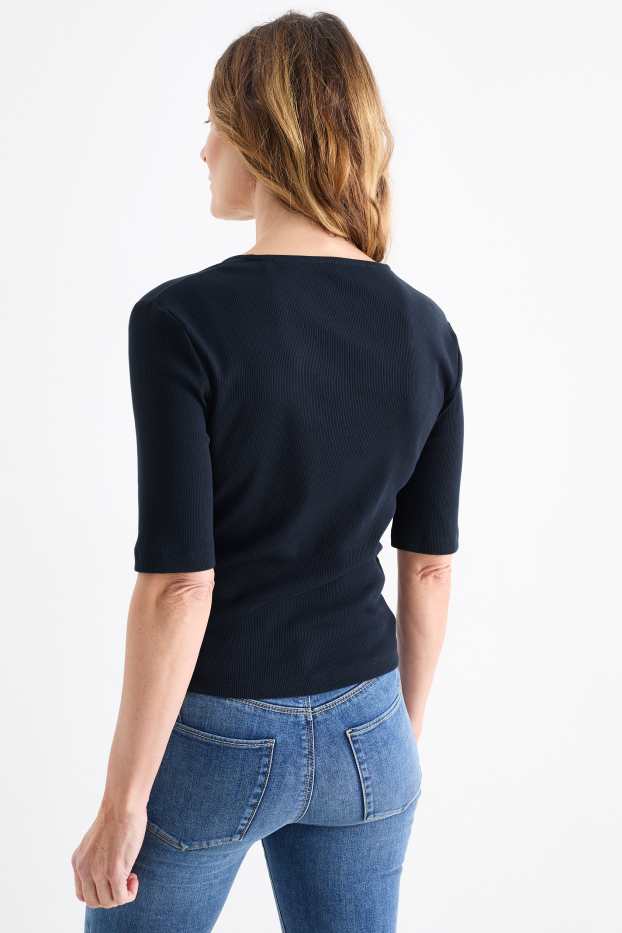 Damen - Basic-T-Shirt mit V-Ausschnitt - gerippt - dunkelblau