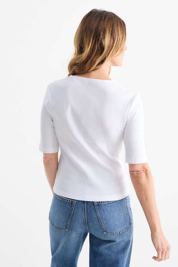 Femmes - T-shirt basique à encolure en V - finition côtelée - blanc