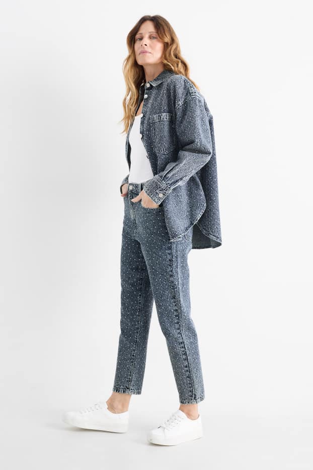 Dámské - Mom jeans se štrasovými kamínky - high waist - džíny - modré