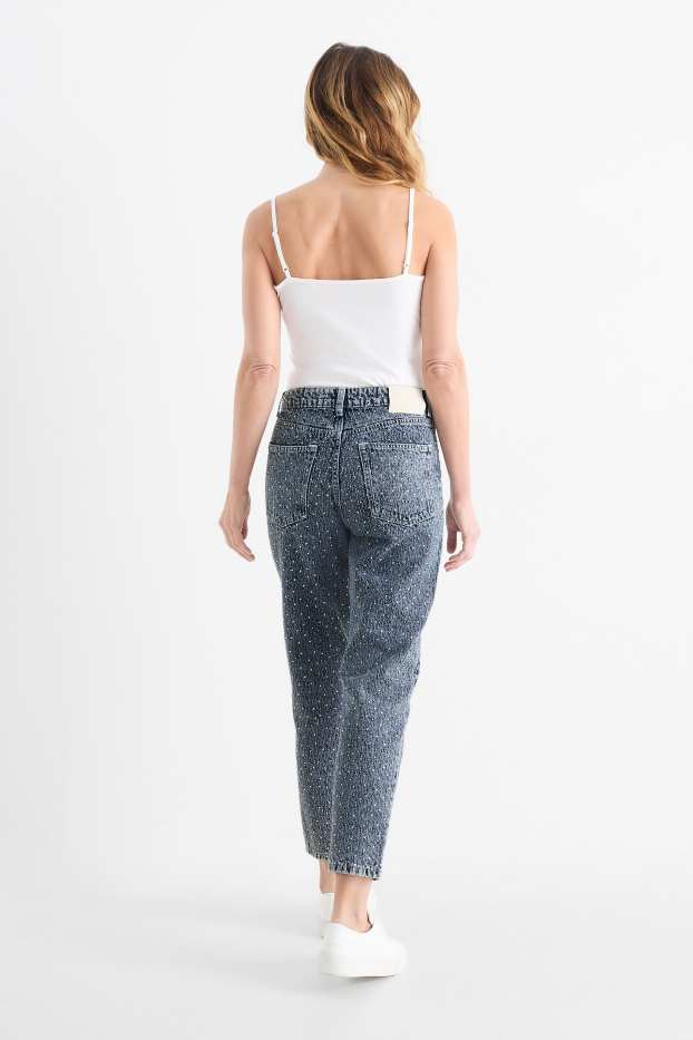 Dámské - Mom jeans se štrasovými kamínky - high waist - džíny - modré