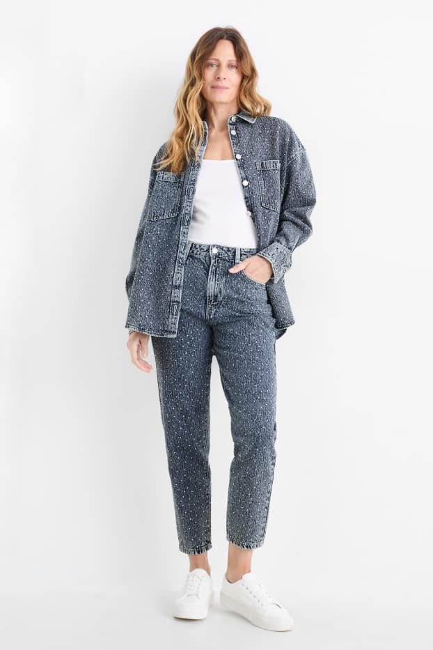 Dámské - Mom jeans se štrasovými kamínky - high waist - džíny - modré
