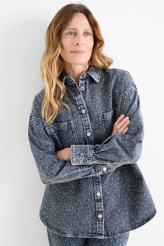 Damen - Jeansbluse mit Strasssteinen - jeansblau