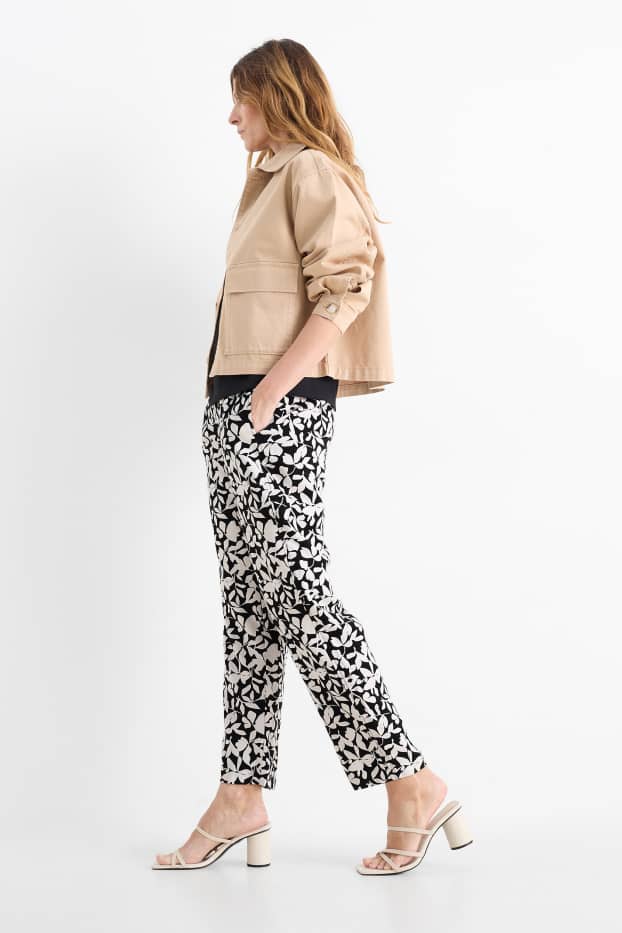 Femei - Pantaloni de stofă - talie înaltă - tapered fit - cu flori - negru / nej