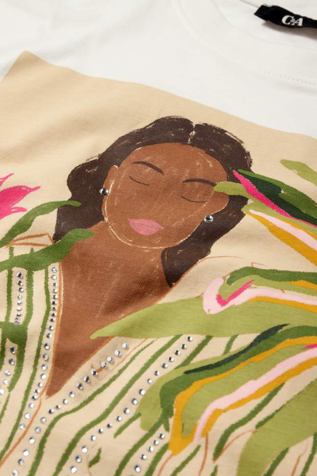 Dámské - Tričko se štrasovými kamínky - regular fit - bílá